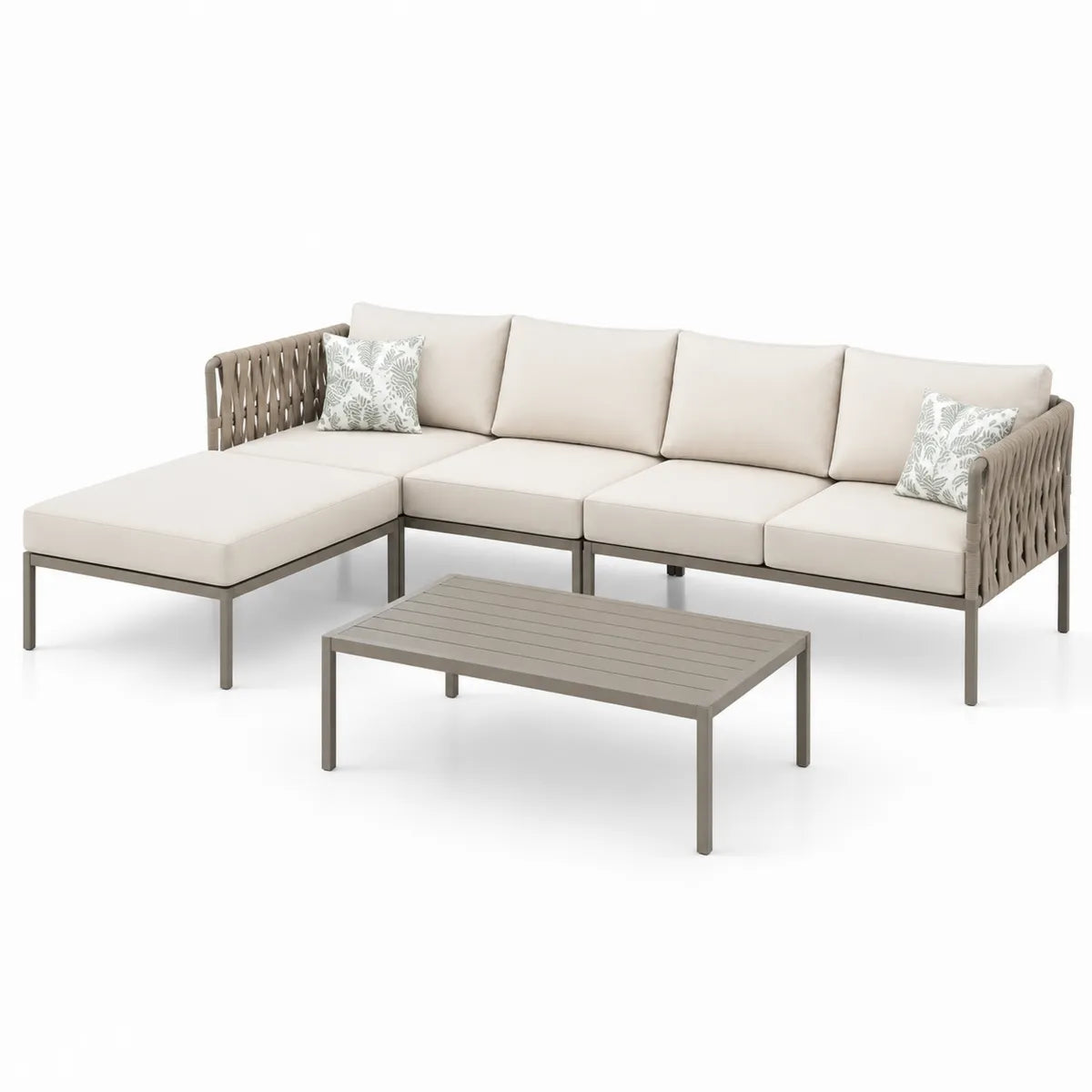 Zestaw mebli ogrodowych z aluminium, sofa modułowa z poduszkami i stolik