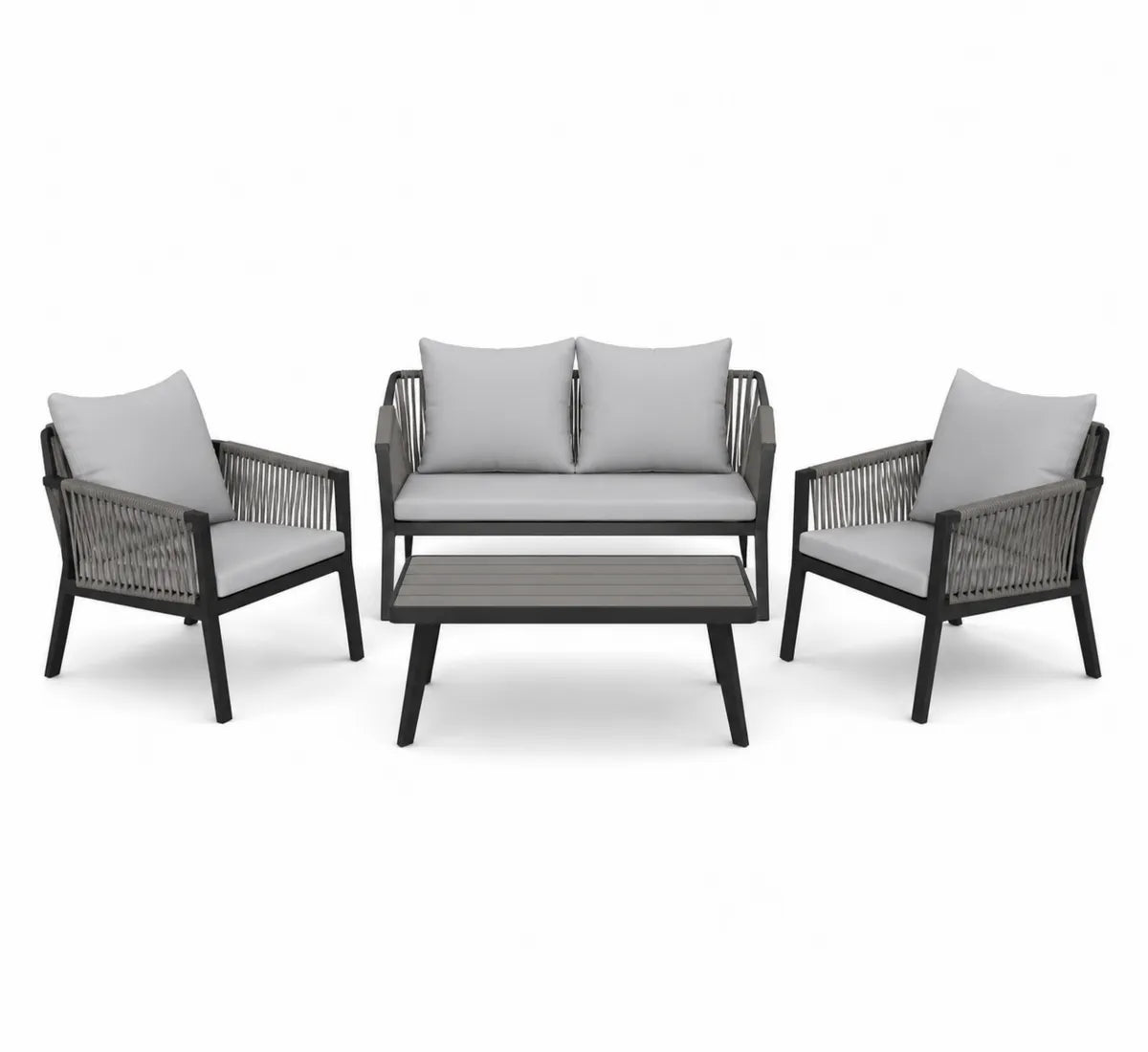 Aluminiowy zestaw mebli ogrodowych z szarymi poduszkami