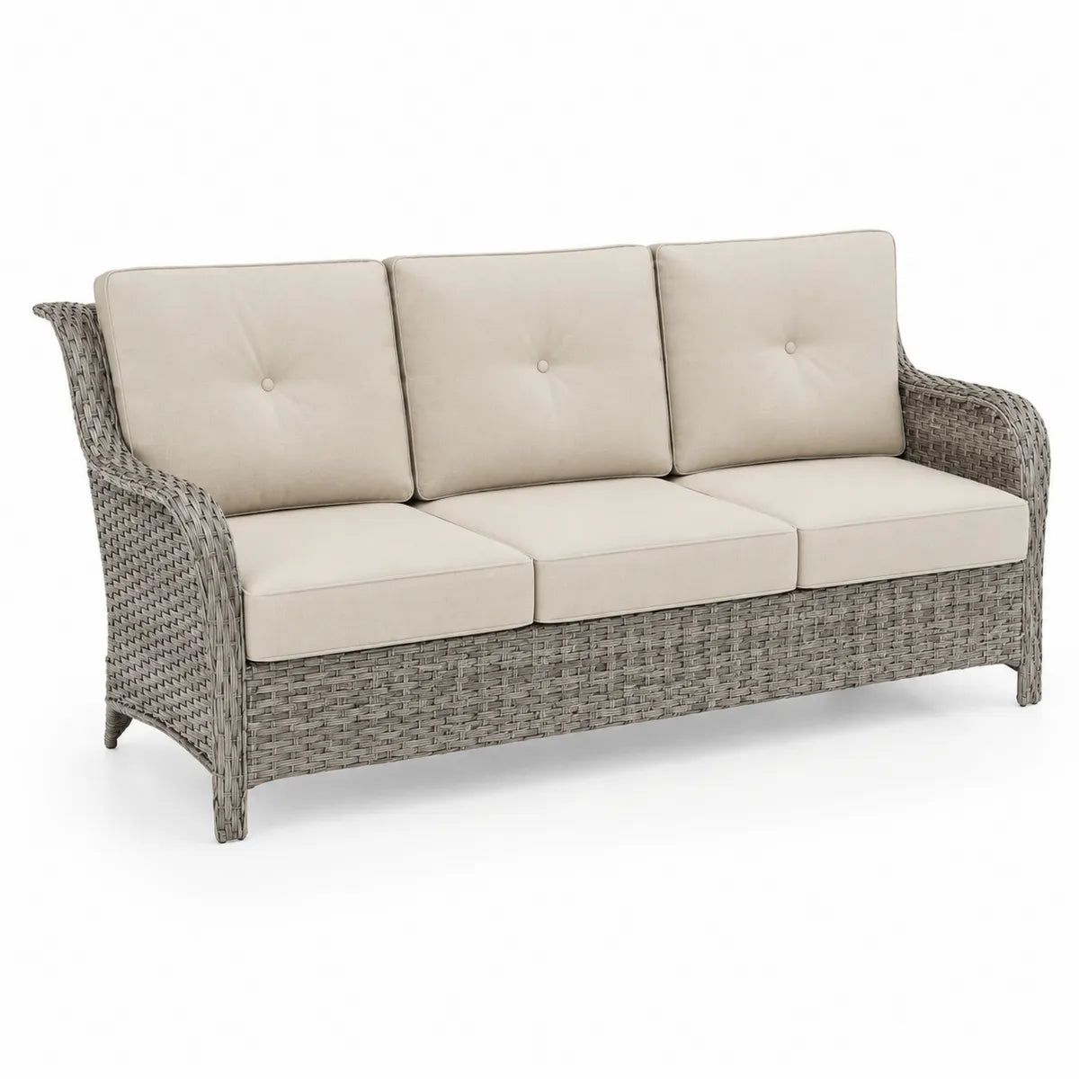 Sofa trzyosobowa z technorattanu szara z beżowymi poduszkami 210 cm