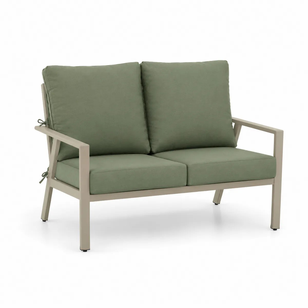 Aluminiowa sofa dwuosobowa zielona z poduszkami